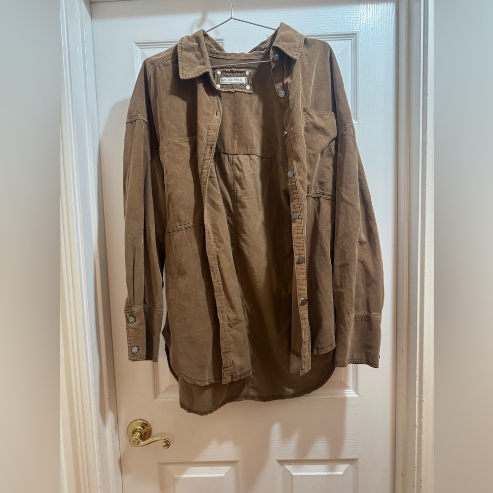 Free people baby cord button down in warm tobacco. Sold out eveywhere